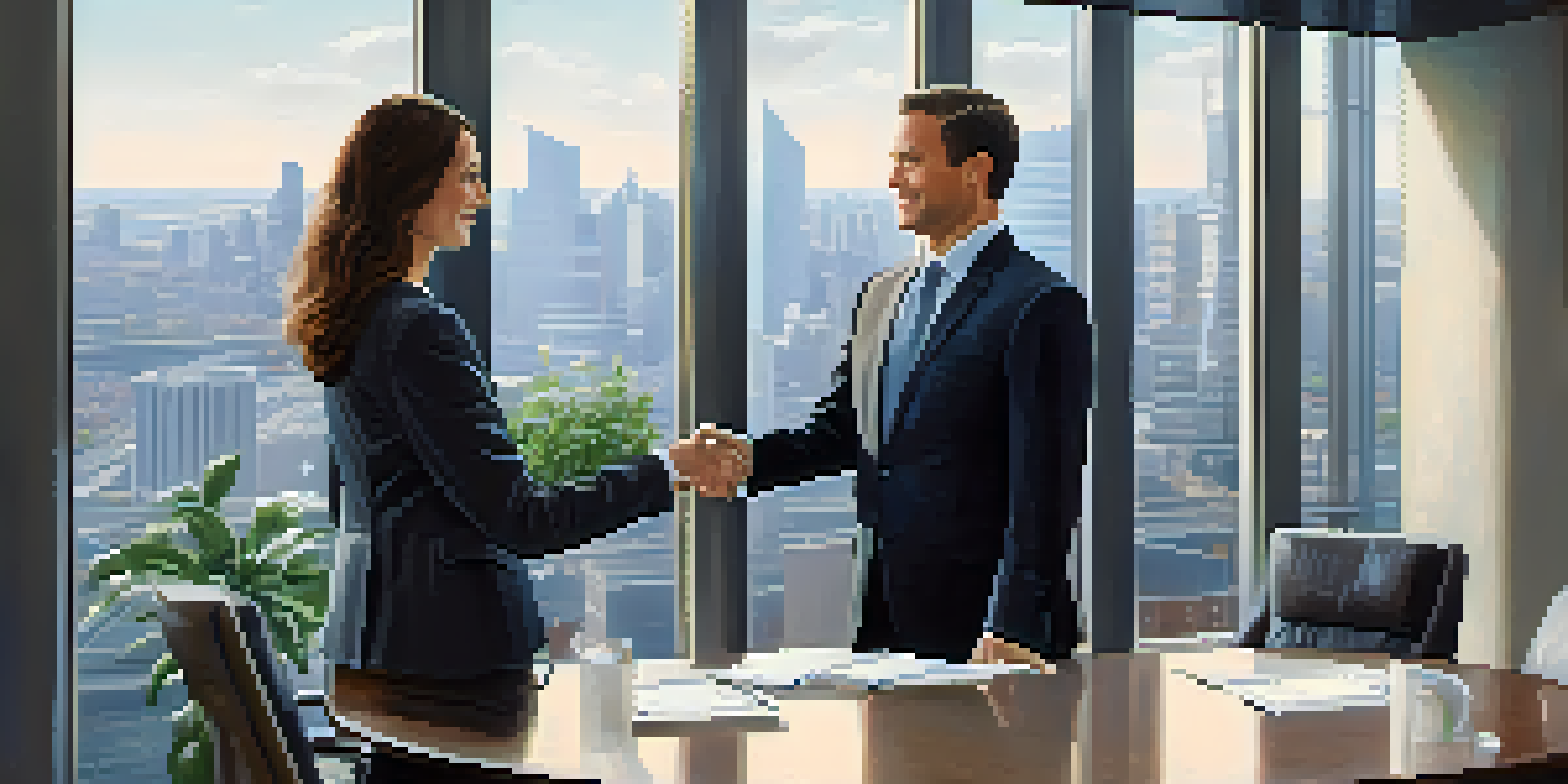 A business negotiation scene showing two professionals shaking hands in a modern conference room with a city skyline view.