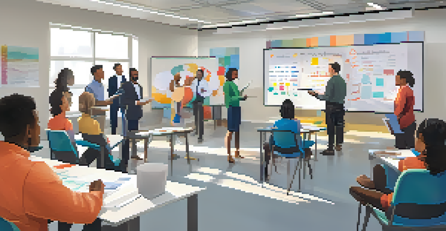 A diverse group of employees engaged in a workshop with a facilitator presenting at the front and participants discussing in groups.