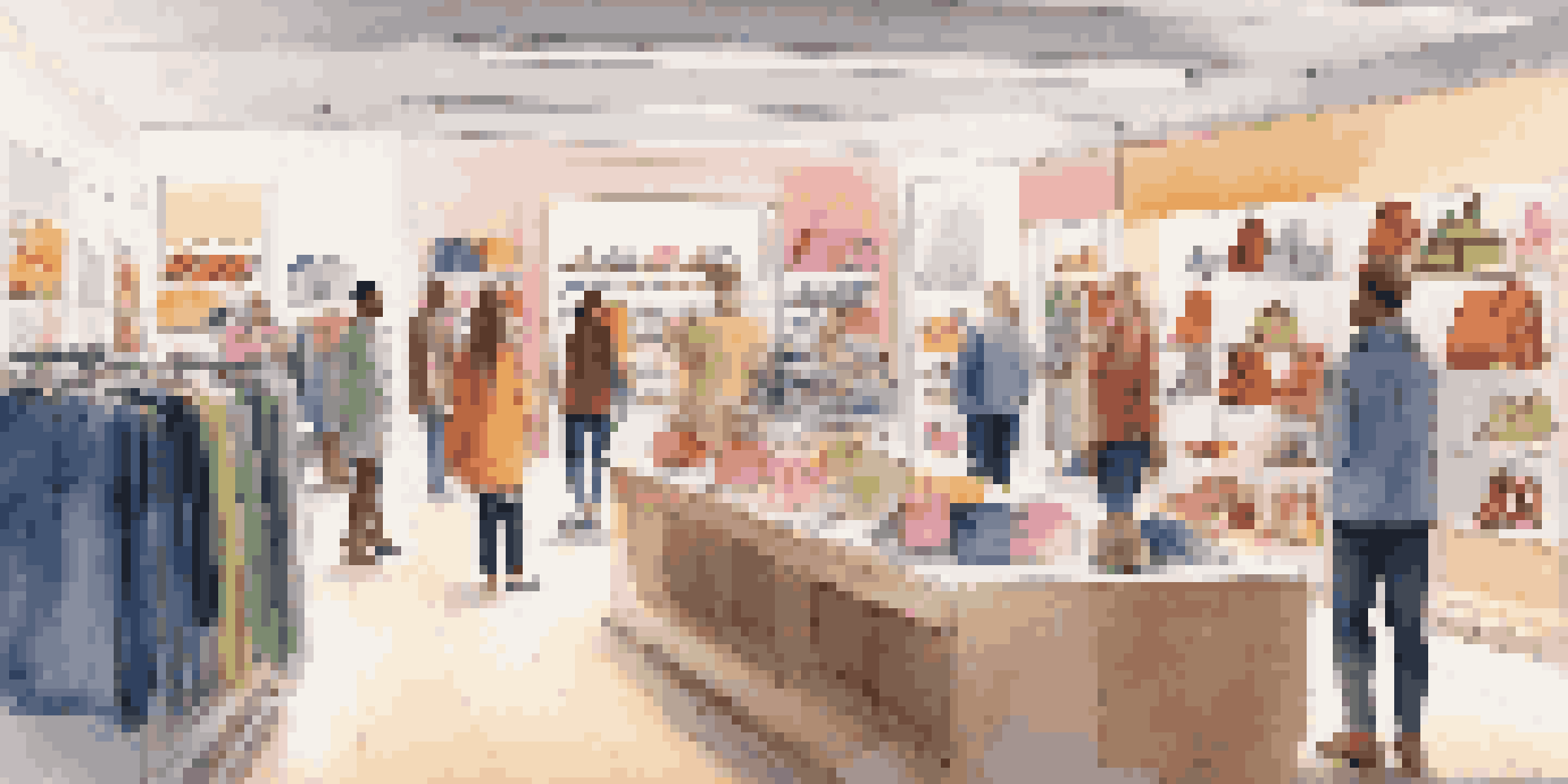A vibrant retail store with well-organized shelves, customers shopping, and a digital screen showing sales data.