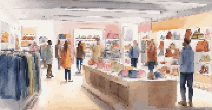 A vibrant retail store with well-organized shelves, customers shopping, and a digital screen showing sales data.