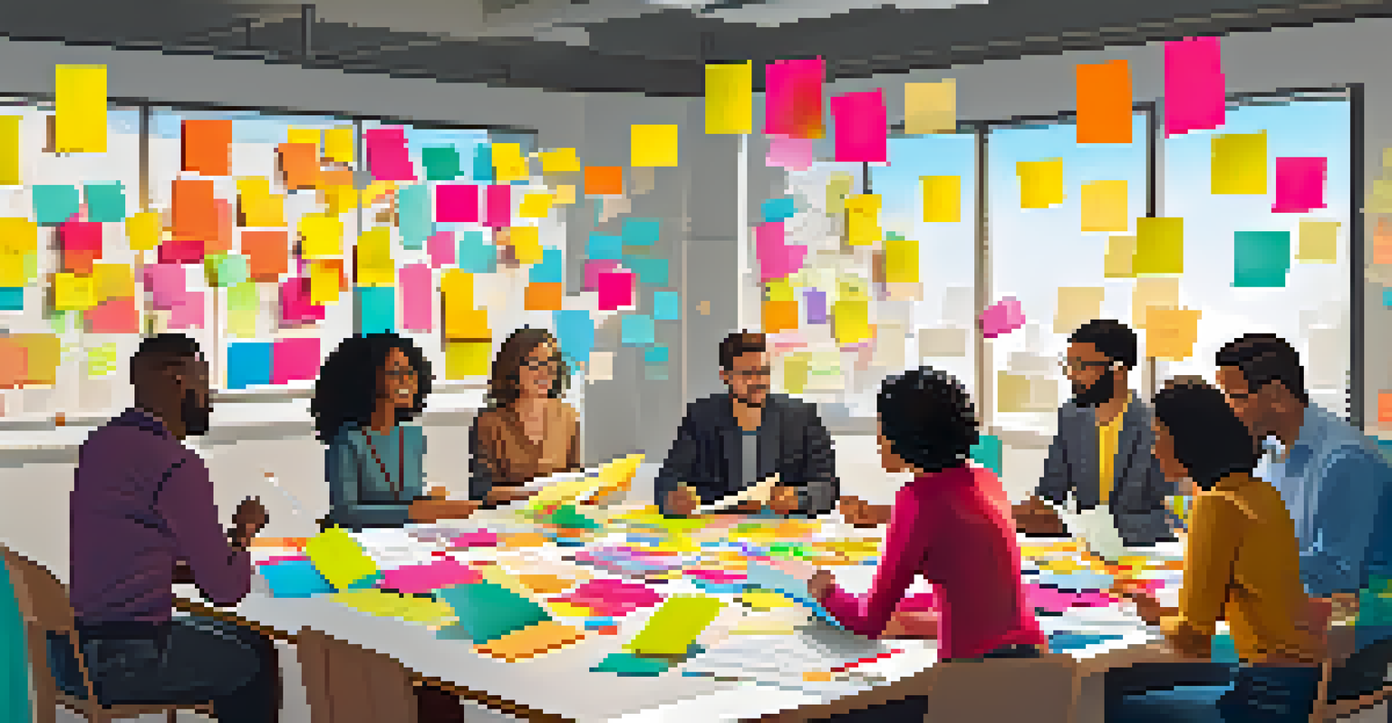 A diverse group of professionals working together in a collaborative workshop, brainstorming ideas with colorful materials around them.
