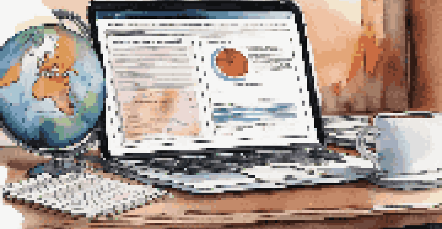 A modern office desk with a laptop showing a trade agreement, coffee cup, and globe, highlighting international business.