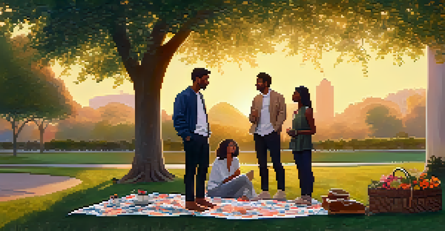 A diverse group of three individuals negotiating outdoors in a park, surrounded by greenery and flowers, with a sunset in the background.