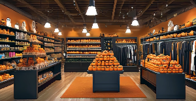 A retail store decorated for Halloween with pumpkins and costumes on display, and customers shopping.