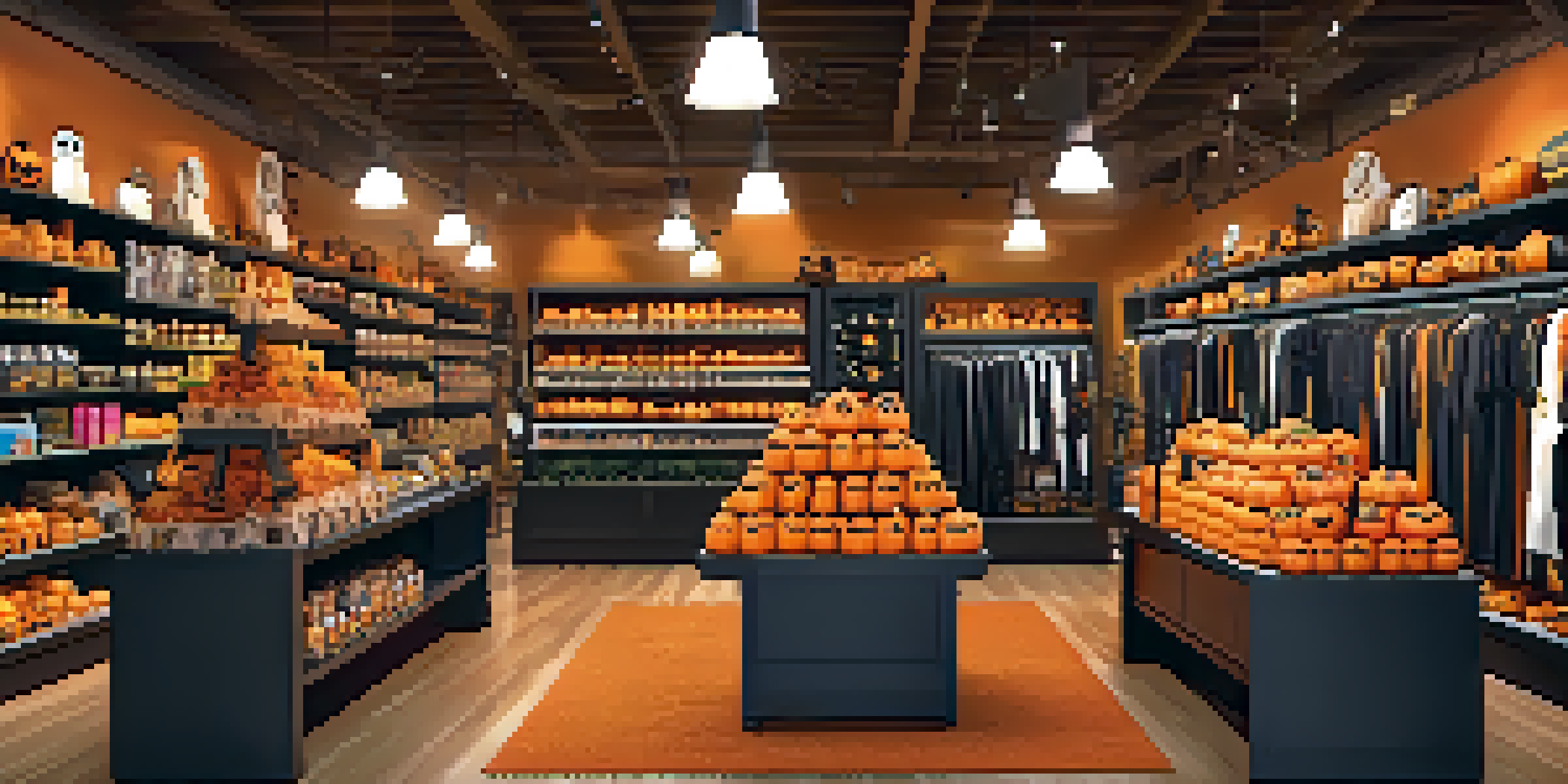 A retail store decorated for Halloween with pumpkins and costumes on display, and customers shopping.