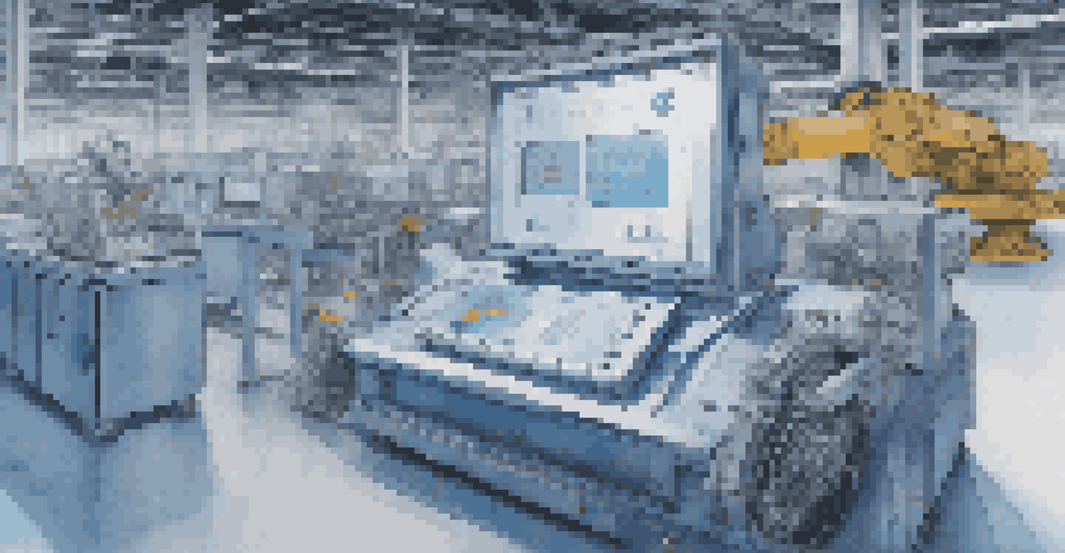 A close-up of a smart sensor in a manufacturing environment, with machinery and performance metrics displayed.