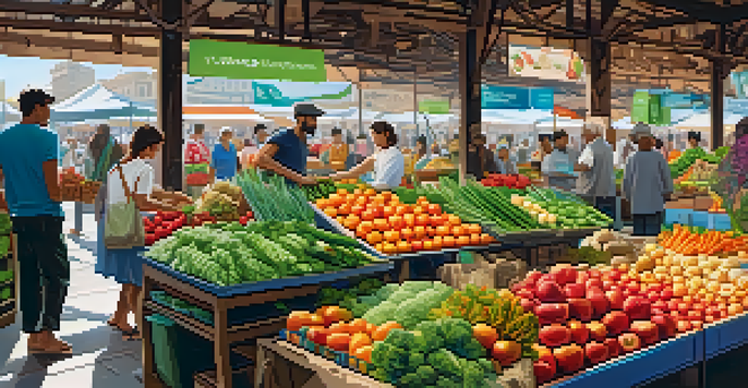 A lively marketplace featuring eco-friendly products with diverse consumers and vibrant colors.