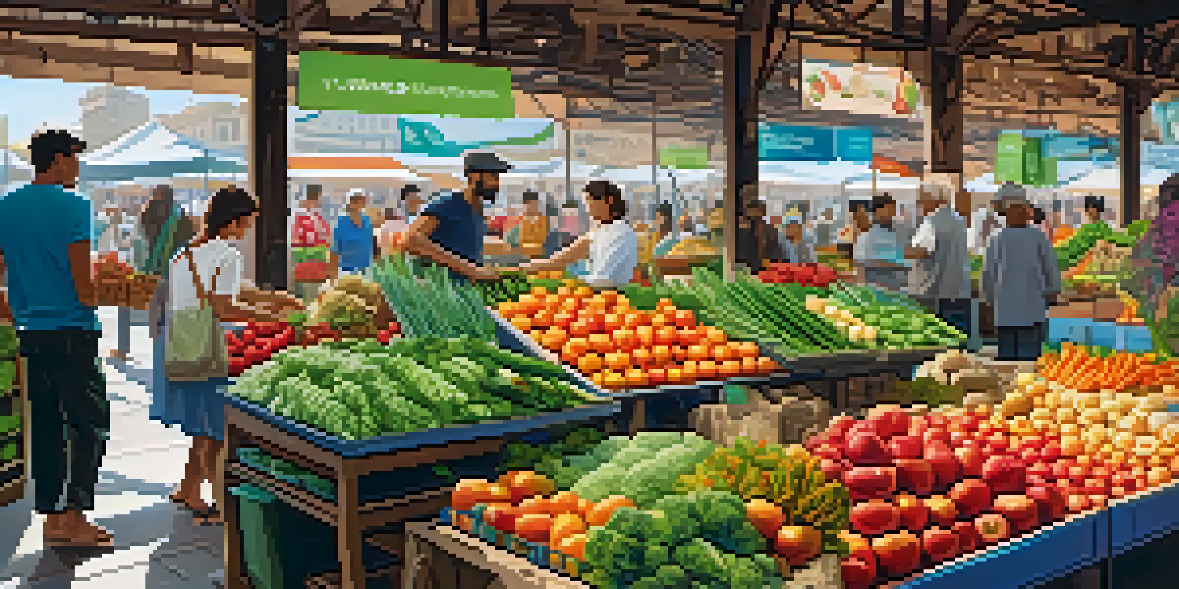 A lively marketplace featuring eco-friendly products with diverse consumers and vibrant colors.