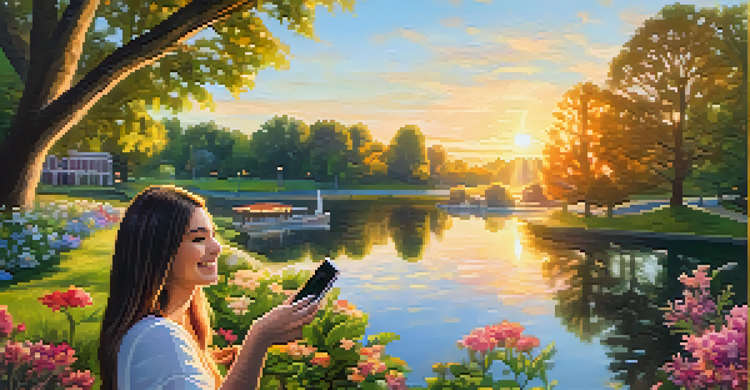 An influencer taking a selfie in a park at golden hour, surrounded by greenery and flowers, with a lake in the background.