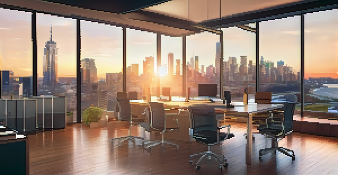 A modern office with a city skyline view during sunset, featuring a conference table and digital screen displaying financial graphs.