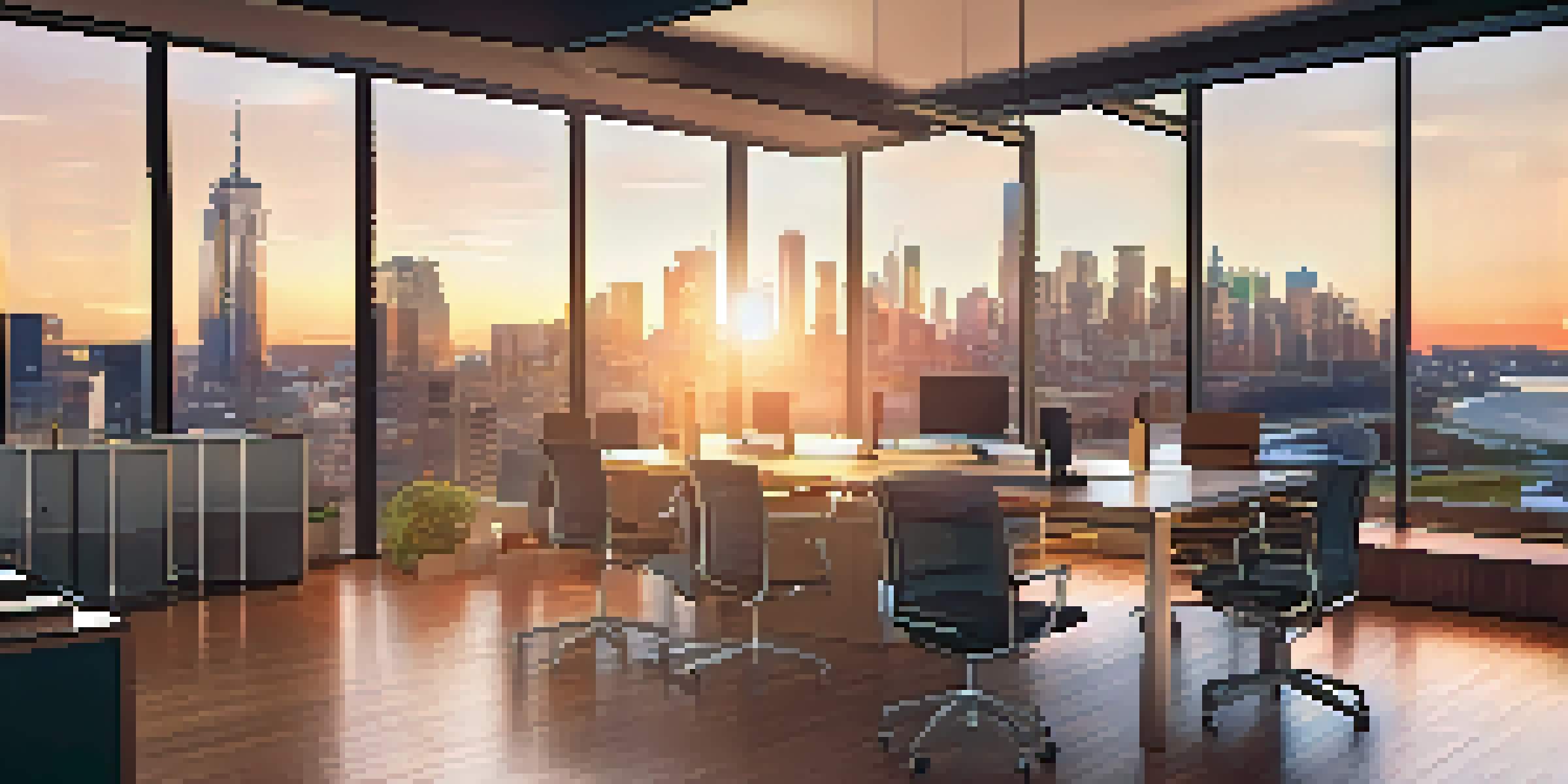A modern office with a city skyline view during sunset, featuring a conference table and digital screen displaying financial graphs.