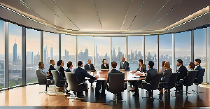 A diverse group of professionals in a modern conference room discussing business, with a city skyline visible through the window.