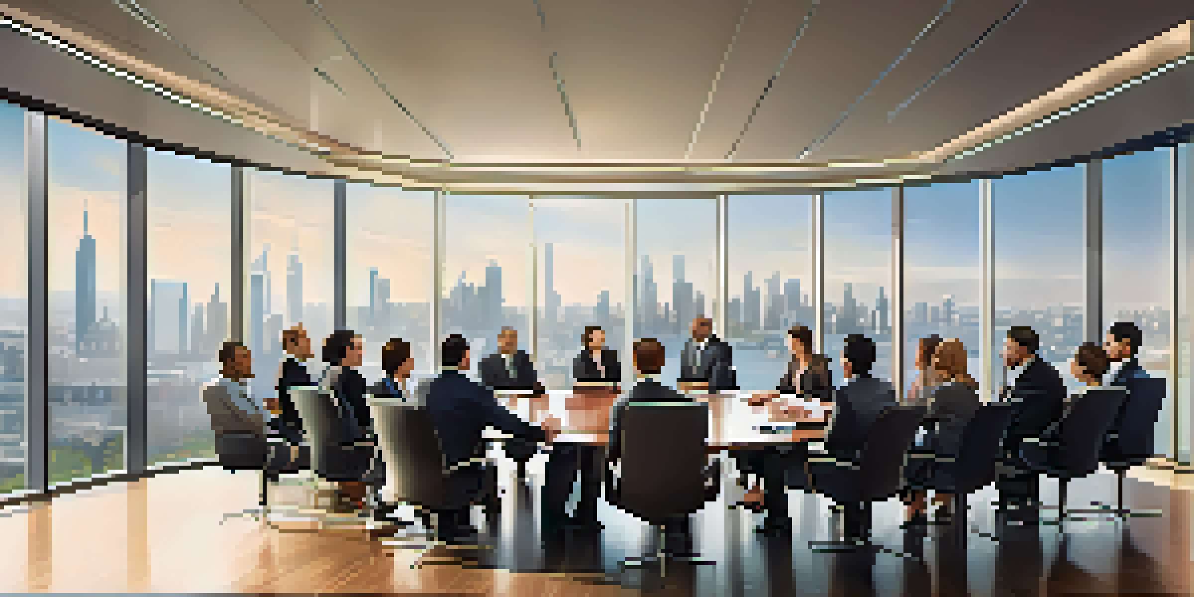 A diverse group of professionals in a modern conference room discussing business, with a city skyline visible through the window.