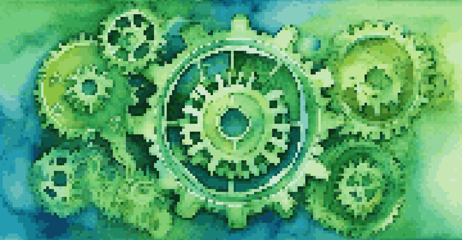 An abstract image showing interconnected gears labeled with eco-friendly practices in a gradient background of green and blue.
