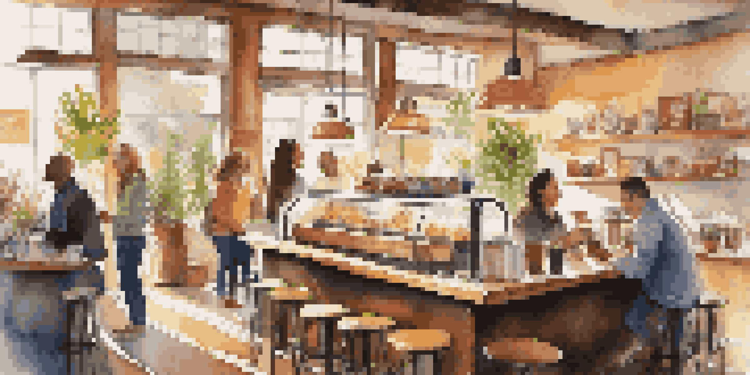 A cozy coffee shop with friends enjoying drinks, bright sunlight, and a barista preparing coffee.