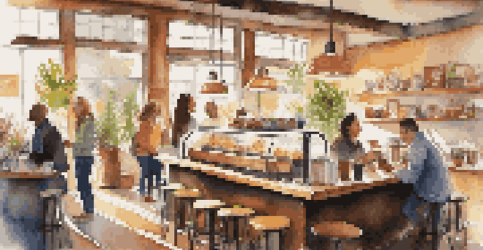 A cozy coffee shop with friends enjoying drinks, bright sunlight, and a barista preparing coffee.