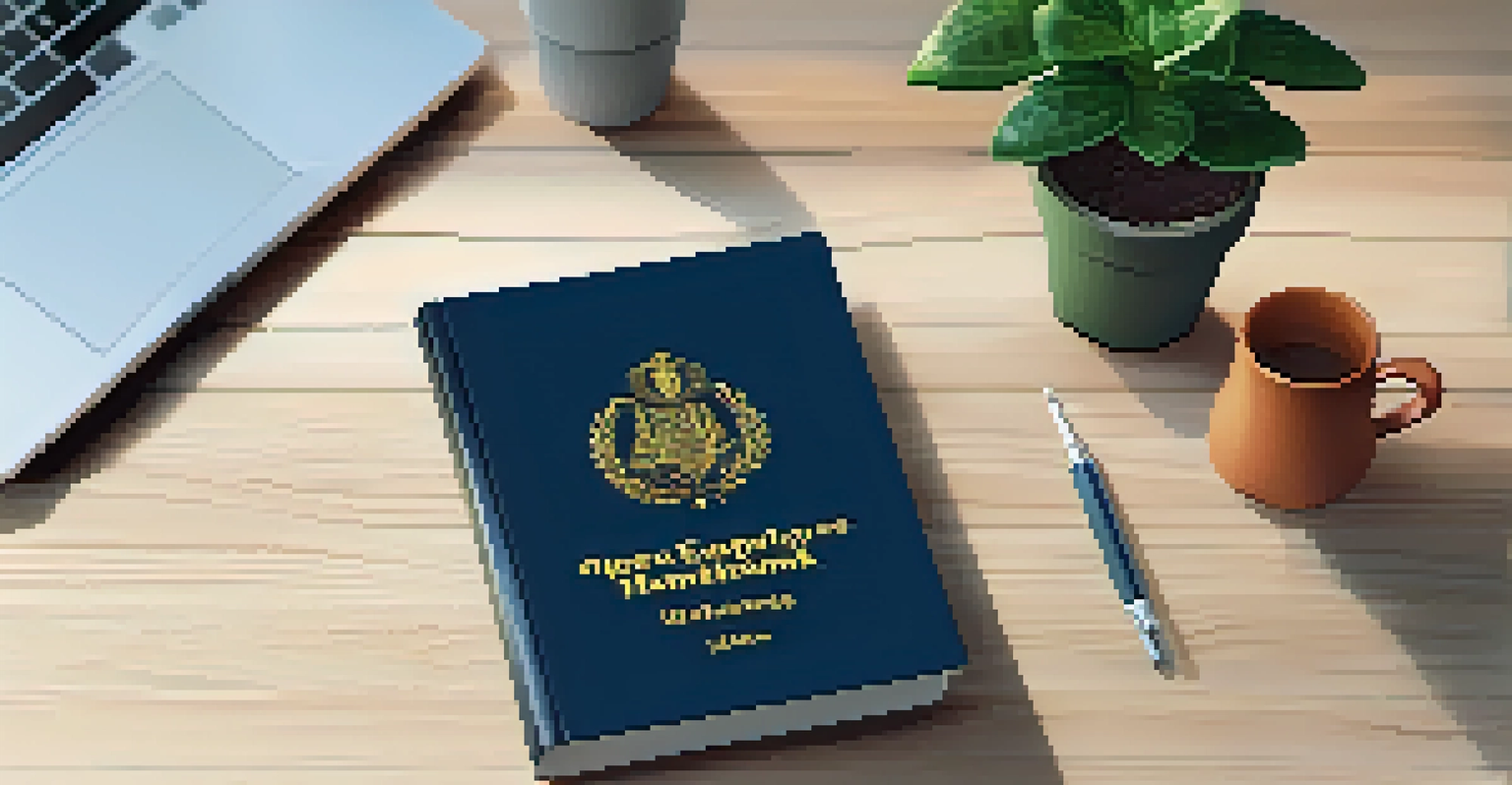 An open employee handbook on a desk with a laptop and coffee cup, showing anti-discrimination policies.