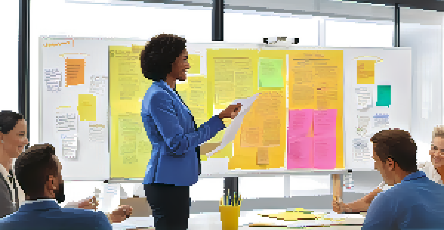 A diverse team engaged in a brainstorming session led by a supportive leader at a whiteboard.