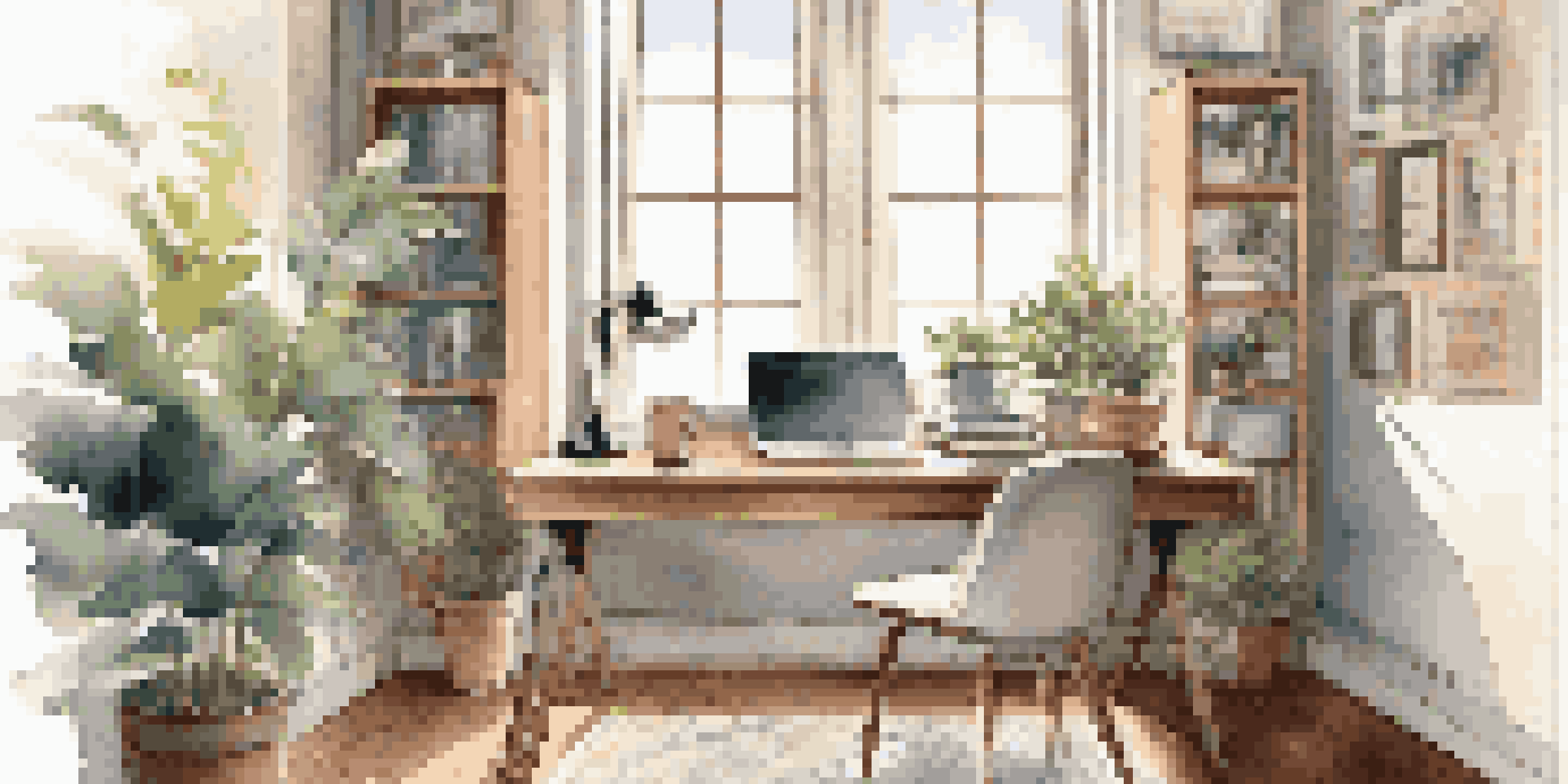 A cozy home office with a laptop on a wooden desk, a potted plant, and a cup of coffee, illuminated by natural light from a window.