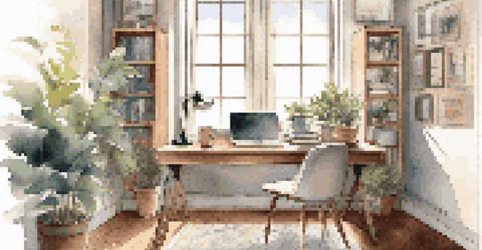 A cozy home office with a laptop on a wooden desk, a potted plant, and a cup of coffee, illuminated by natural light from a window.