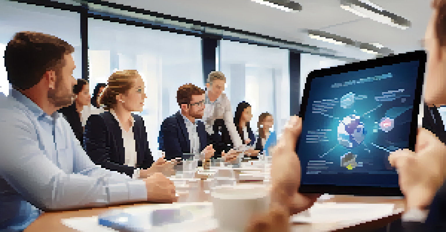 A leader presenting a vision statement on a digital tablet in a modern office, with colleagues attentively listening in the background.