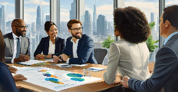 A diverse group of business professionals discussing around a conference table with city views in the background.
