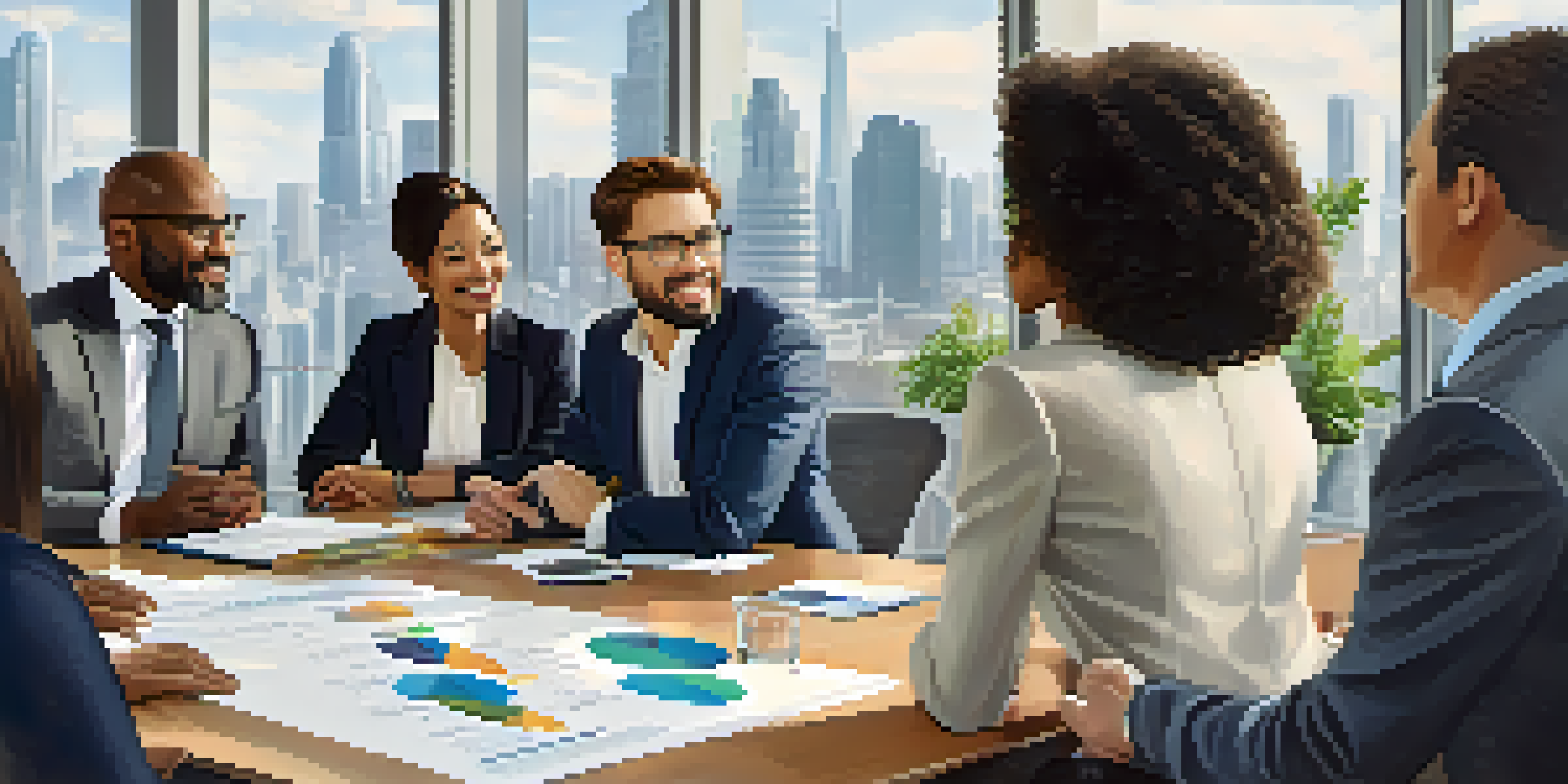 A diverse group of business professionals discussing around a conference table with city views in the background.