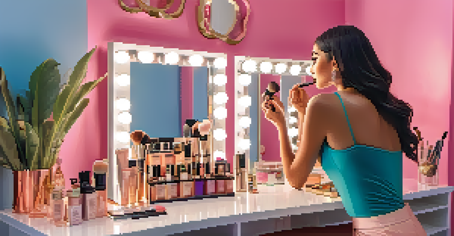A beauty influencer applying makeup in a bright room filled with beauty products, showcasing authenticity and warmth.