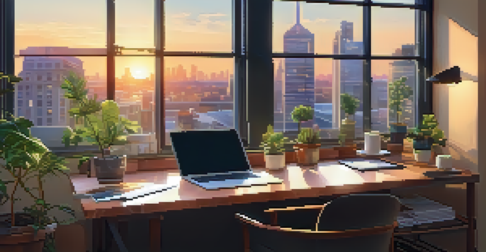 An office with a view of a sunset cityscape, featuring a desk with a laptop and a potted plant.