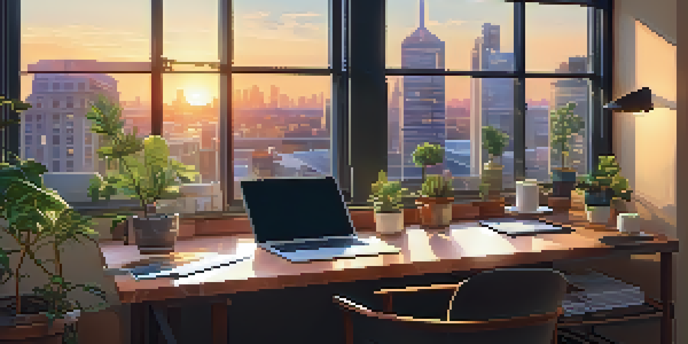 An office with a view of a sunset cityscape, featuring a desk with a laptop and a potted plant.