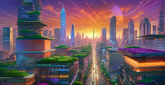 A vibrant city skyline at dusk with green buildings and digital billboards showcasing technology.