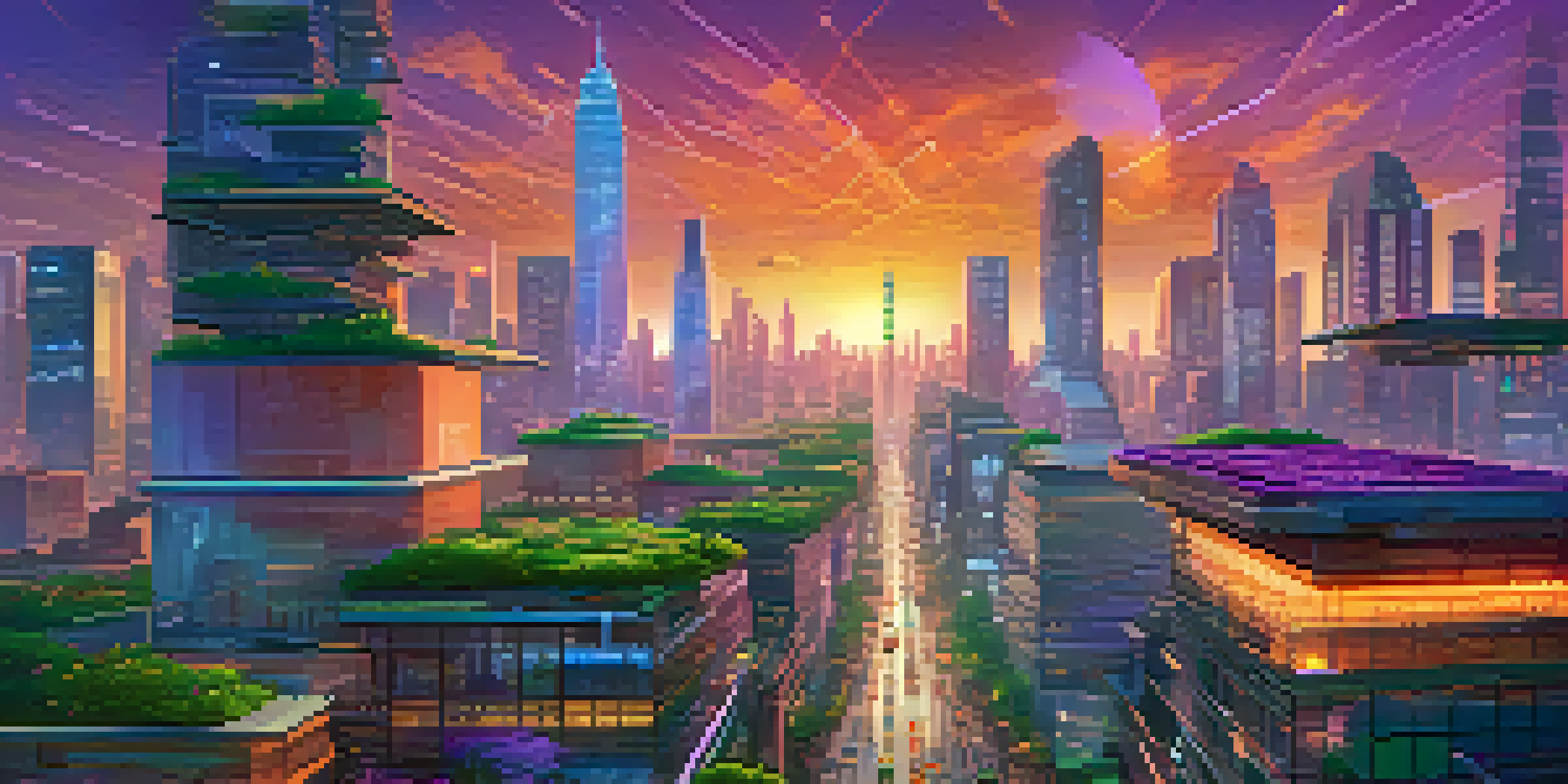 A vibrant city skyline at dusk with green buildings and digital billboards showcasing technology.