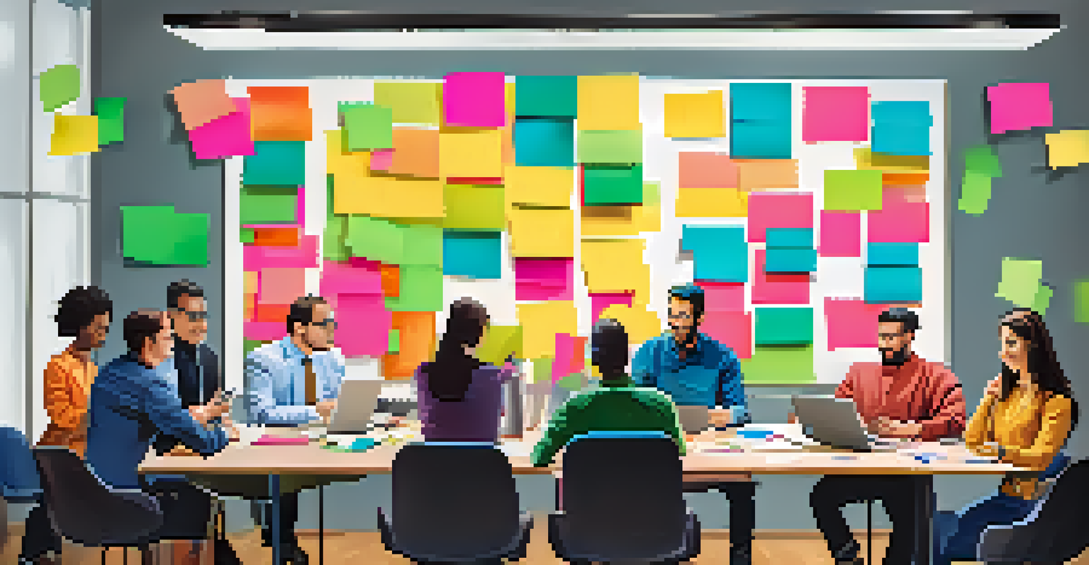A diverse group of professionals brainstorming together at a large table, surrounded by colorful notes and digital devices.