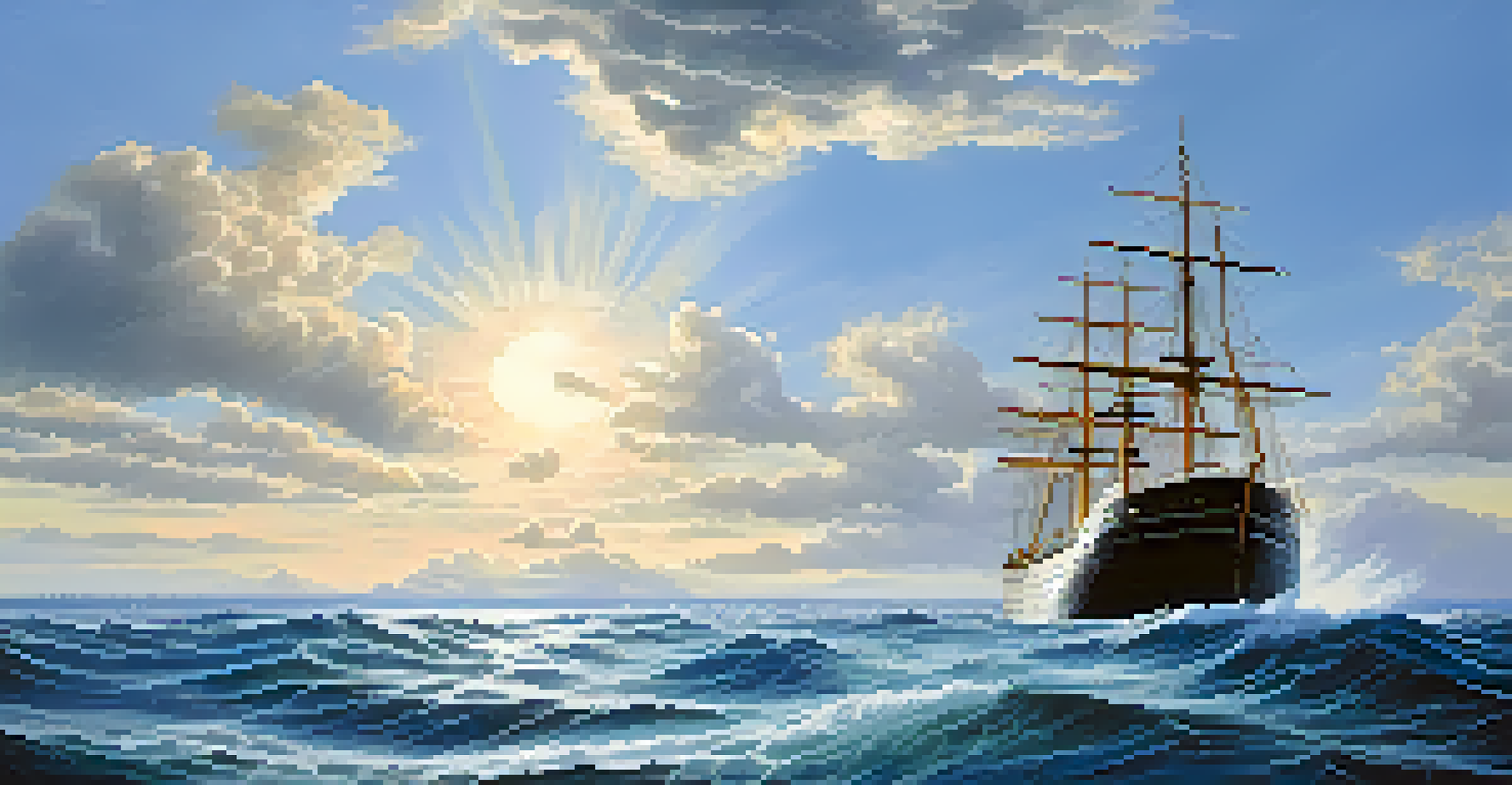 A ship navigating calm waters under a bright blue sky, representing an organization with a strong business continuity plan amidst gathering storm clouds.
