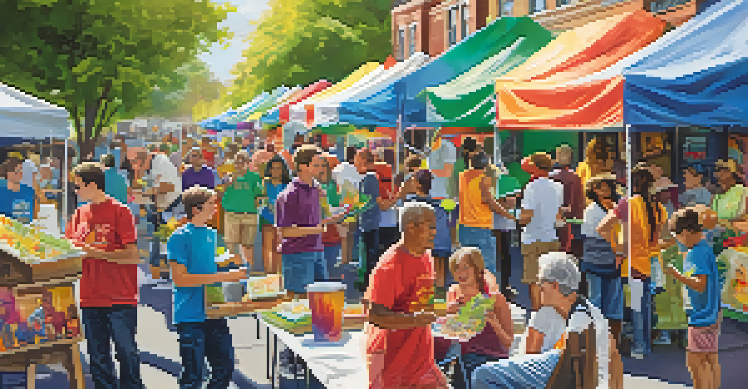 Volunteers setting up a community event for a nonprofit, with colorful banners and engaged attendees.