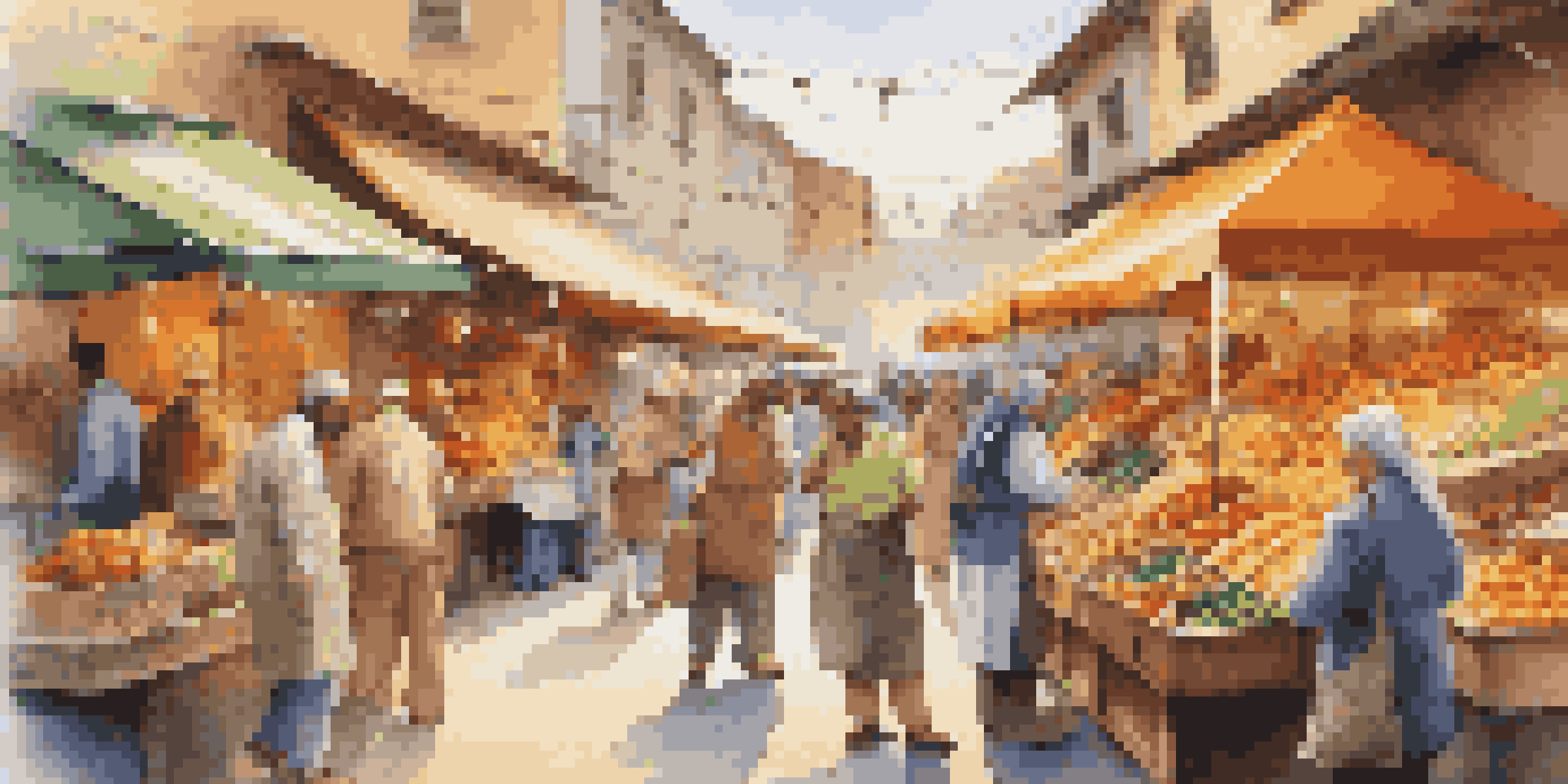 A lively marketplace with various vendors interacting with customers, displaying colorful stalls filled with goods.