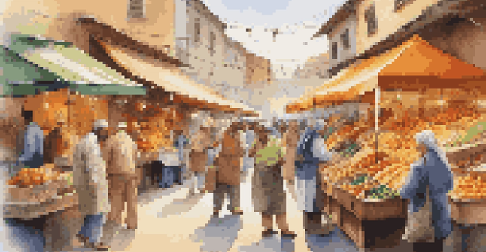 A lively marketplace with various vendors interacting with customers, displaying colorful stalls filled with goods.