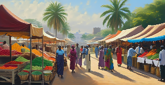 A lively marketplace in Africa filled with colorful stalls, fresh produce, and people engaging in trade under warm sunlight.