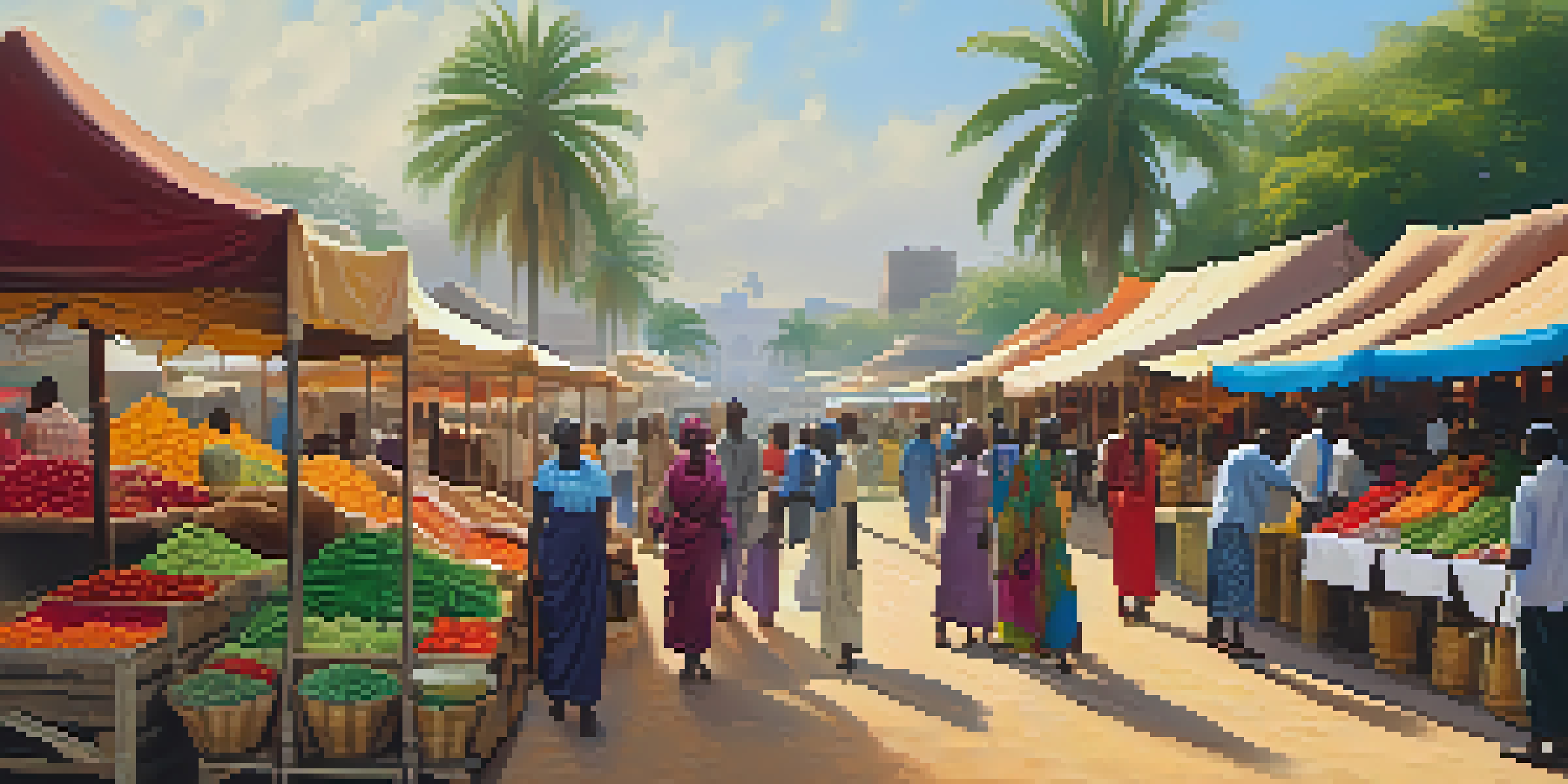 A lively marketplace in Africa filled with colorful stalls, fresh produce, and people engaging in trade under warm sunlight.