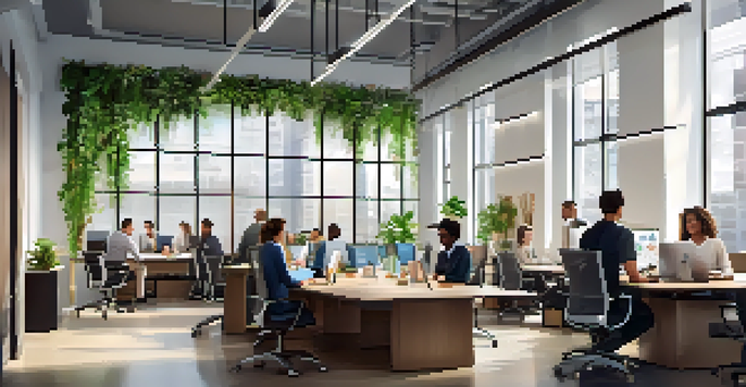 A bright office space with diverse professionals collaborating on financial forecasting, surrounded by charts and laptops.