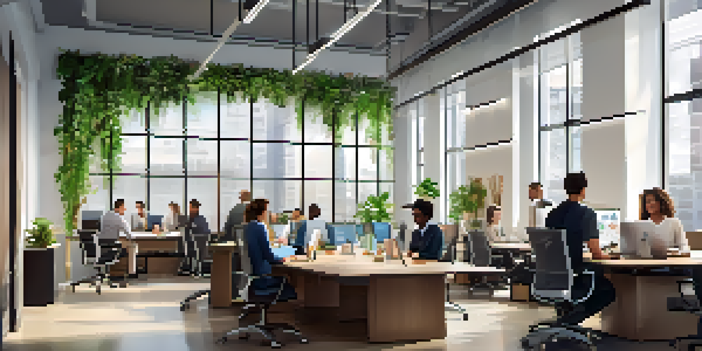 A bright office space with diverse professionals collaborating on financial forecasting, surrounded by charts and laptops.