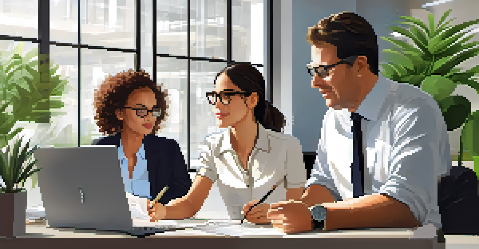 A sales manager giving feedback to a team member in a bright office, with a performance report displayed on a laptop.