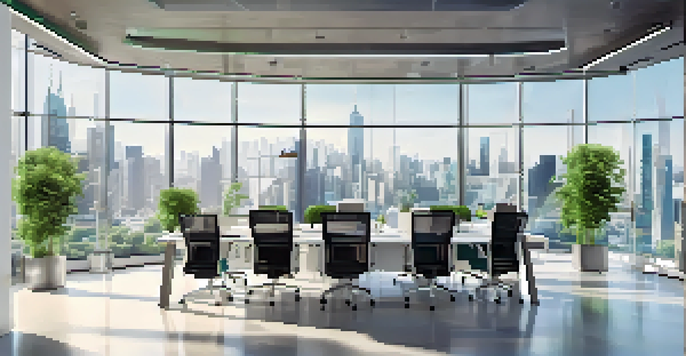 A bright conference room where diverse professionals are collaborating on a marketing strategy, with charts displayed on a screen and a city skyline in the background.