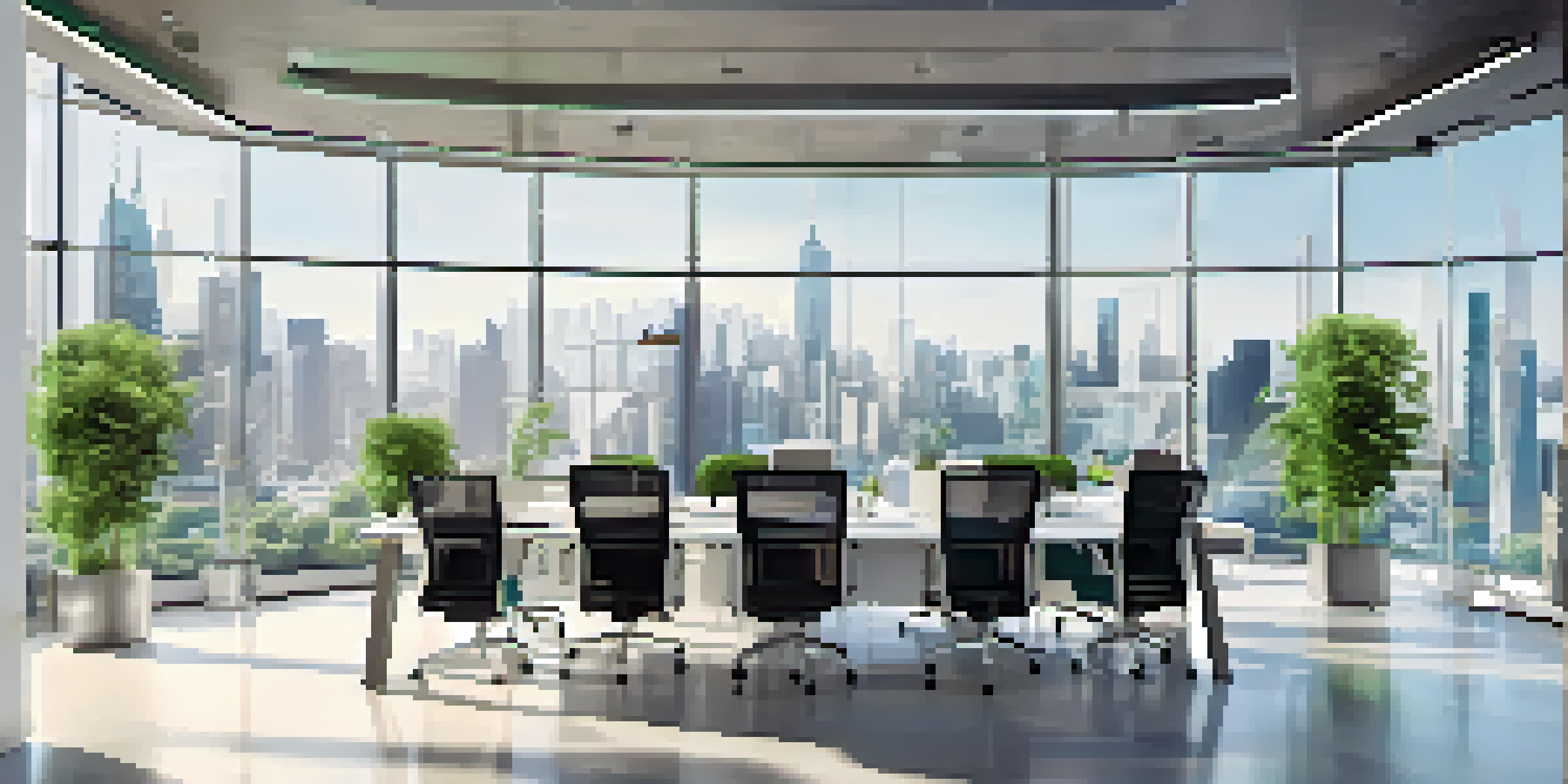 A bright conference room where diverse professionals are collaborating on a marketing strategy, with charts displayed on a screen and a city skyline in the background.