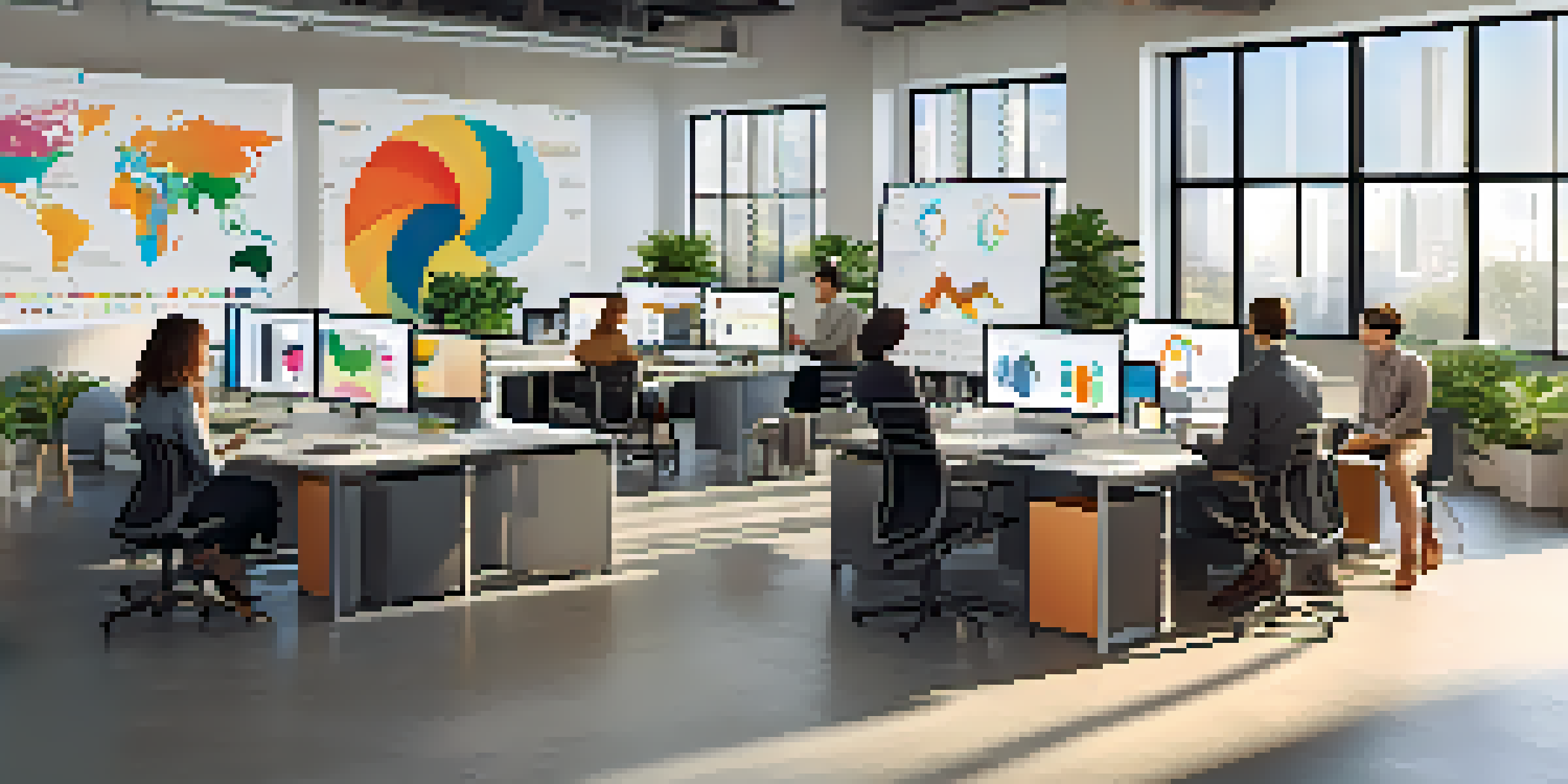 A diverse group of professionals collaborating in a bright modern office with laptops and colorful charts.