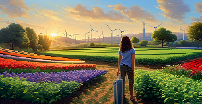 A diverse group of people working together in a community garden surrounded by wind turbines and a clear blue sky during sunset.