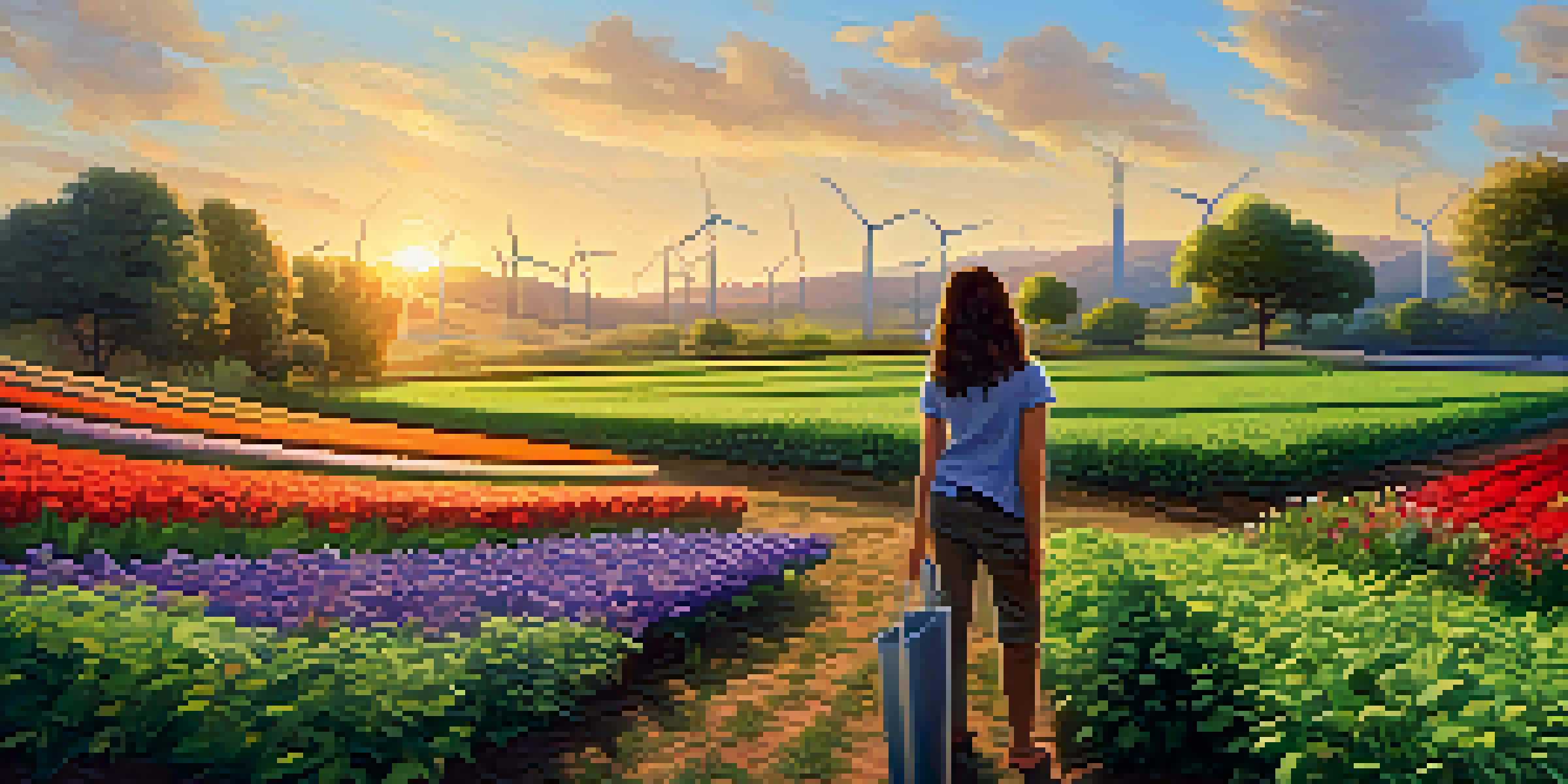 A diverse group of people working together in a community garden surrounded by wind turbines and a clear blue sky during sunset.