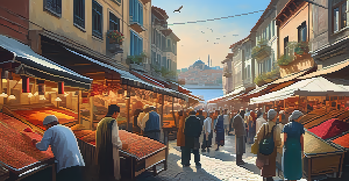 A lively marketplace in Istanbul with colorful spices, textiles, and diverse people interacting under the warm sunlight.