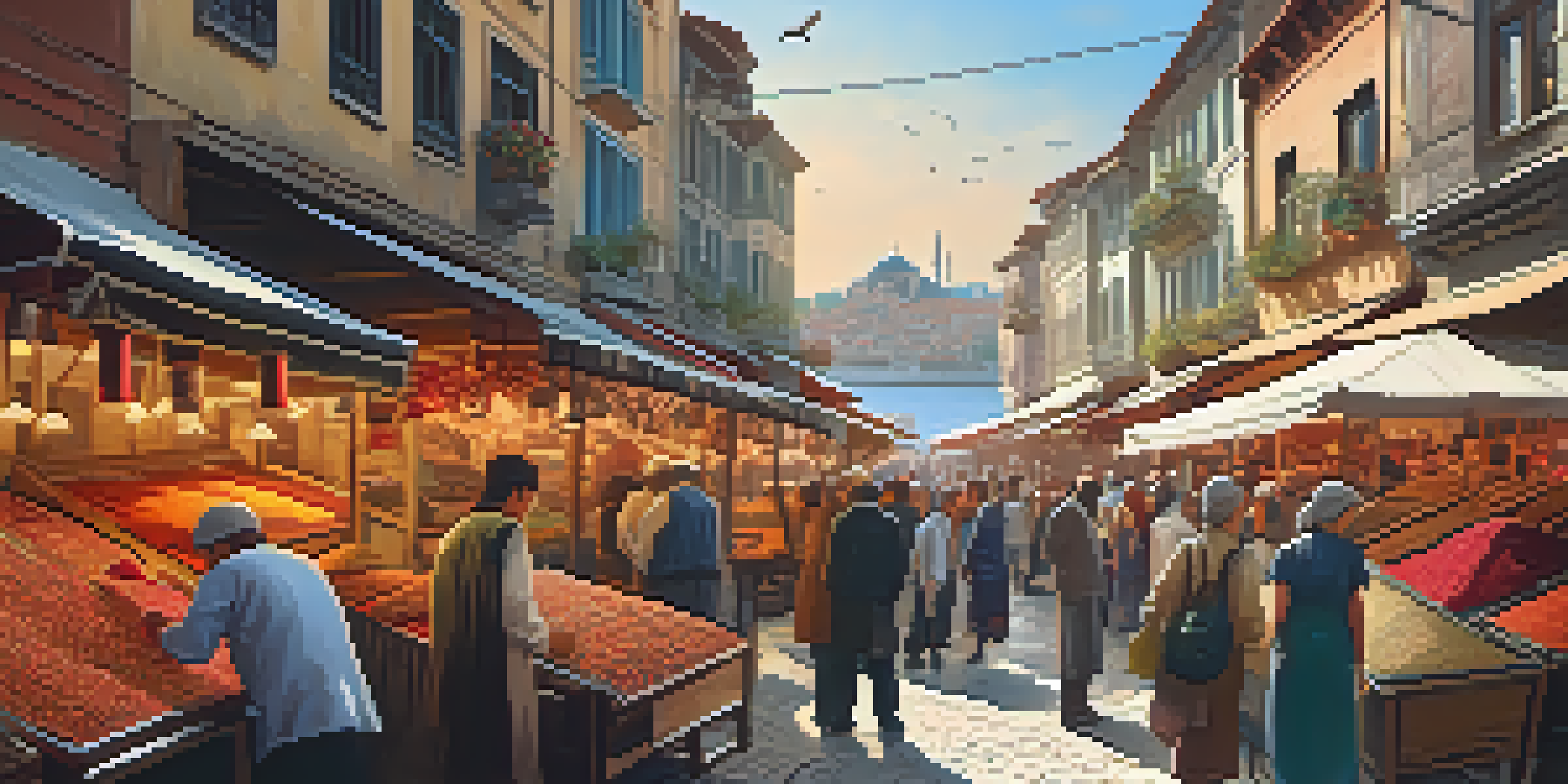 A lively marketplace in Istanbul with colorful spices, textiles, and diverse people interacting under the warm sunlight.