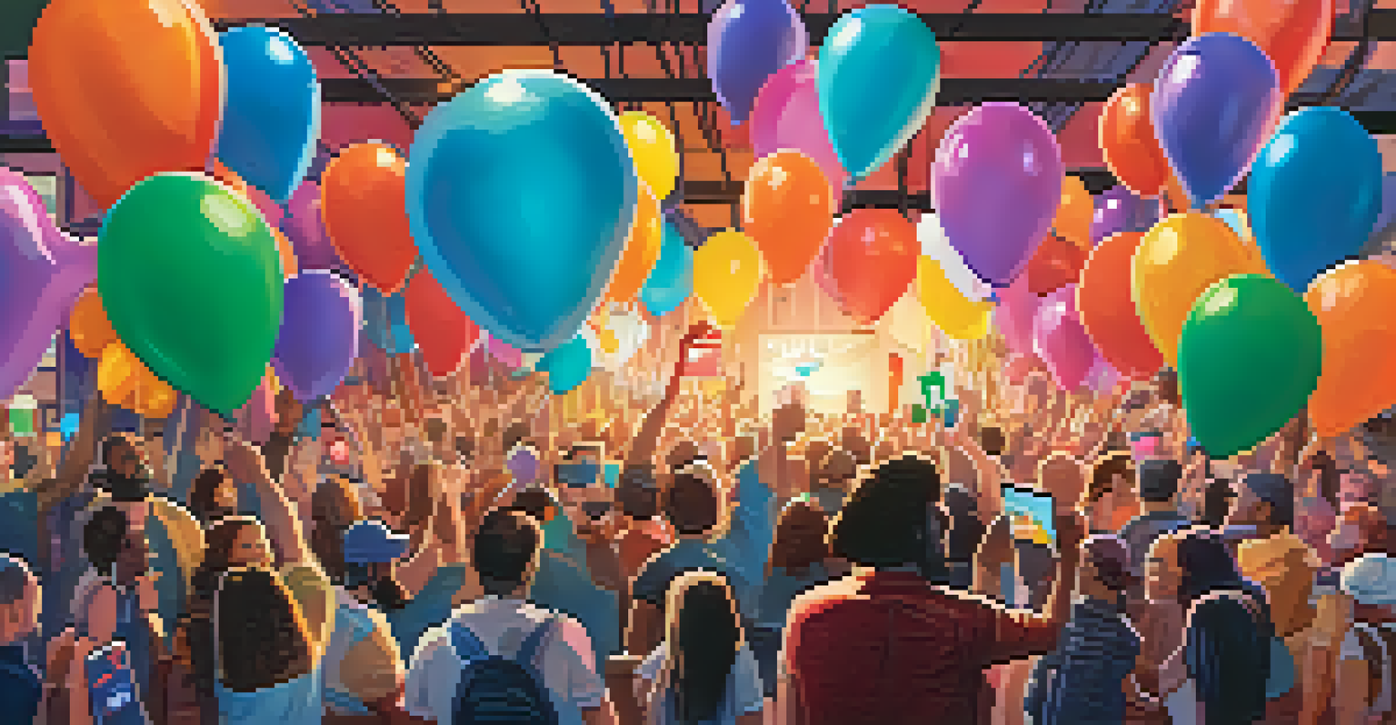 A lively crowdfunding event with people interacting around a campaign banner, filled with colorful decorations.